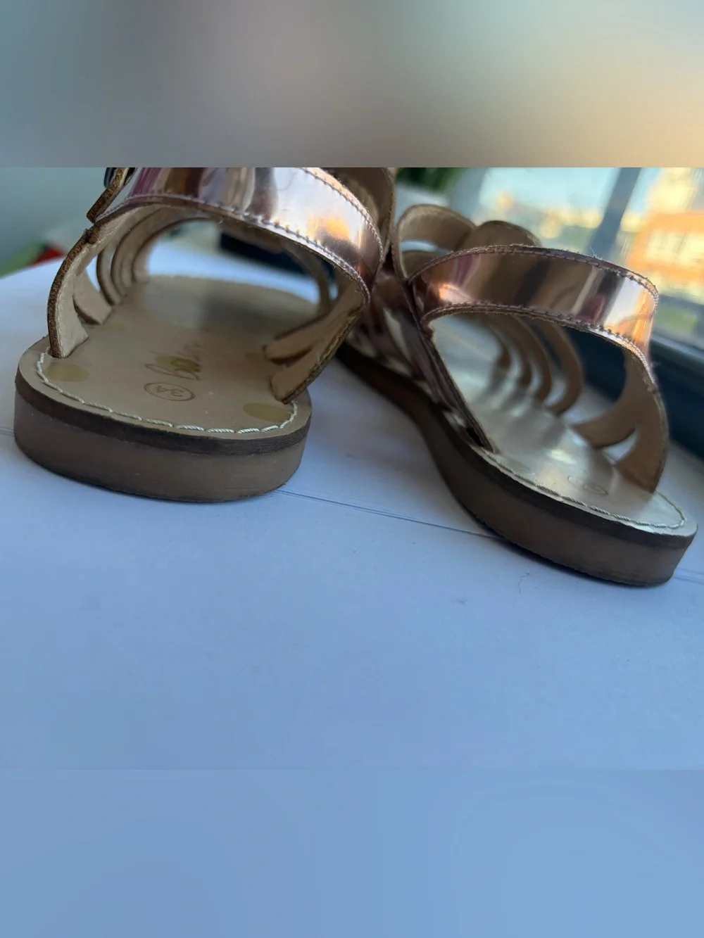 Mini Boden Girls Metallic Shiny Rose Gold Gladiator Sandals with Buckle